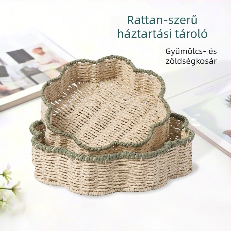 Kézzel szőtt papírszálas tárolókosár, imitált rattan felülettel, háztartási rendező gyümölcsöknek és zöldségeknek, nassolnivaló tál a nappaliba