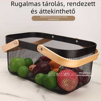 Hosszú négyszögletes vas kosár fa fogantyúval – gyümölcs és zöldség tároló