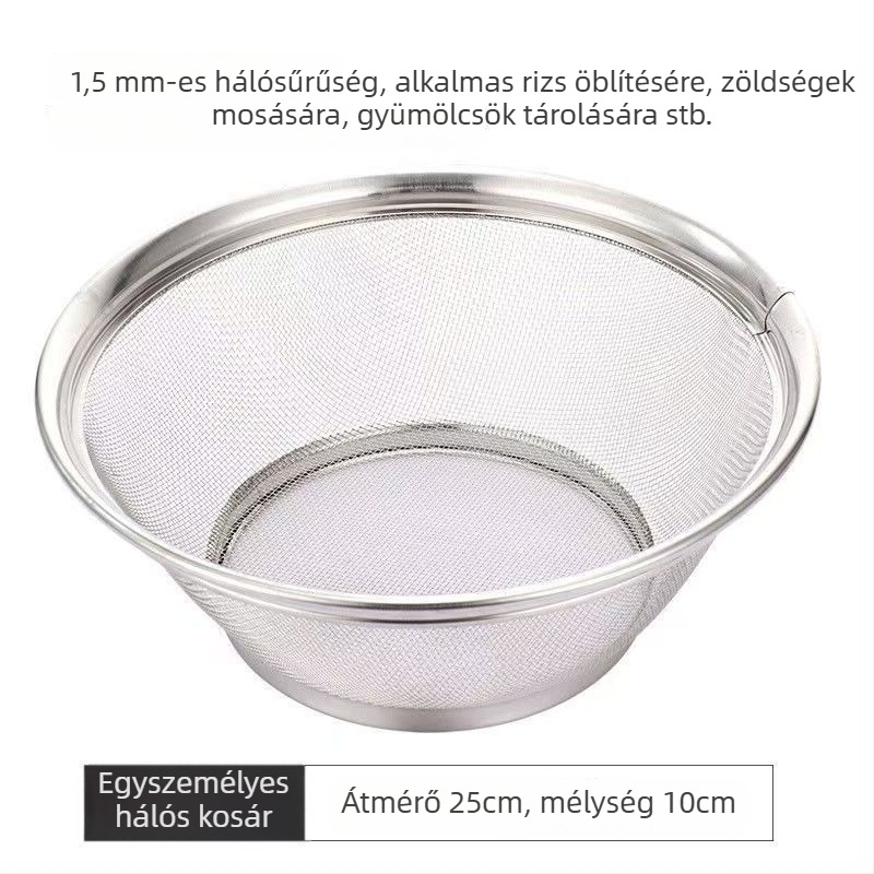 Rozsdamentes acél leeresztő kosár készlet, 22/25/28 cm, zöldségek, rizs és gyümölcsök mosására; konyhai szita