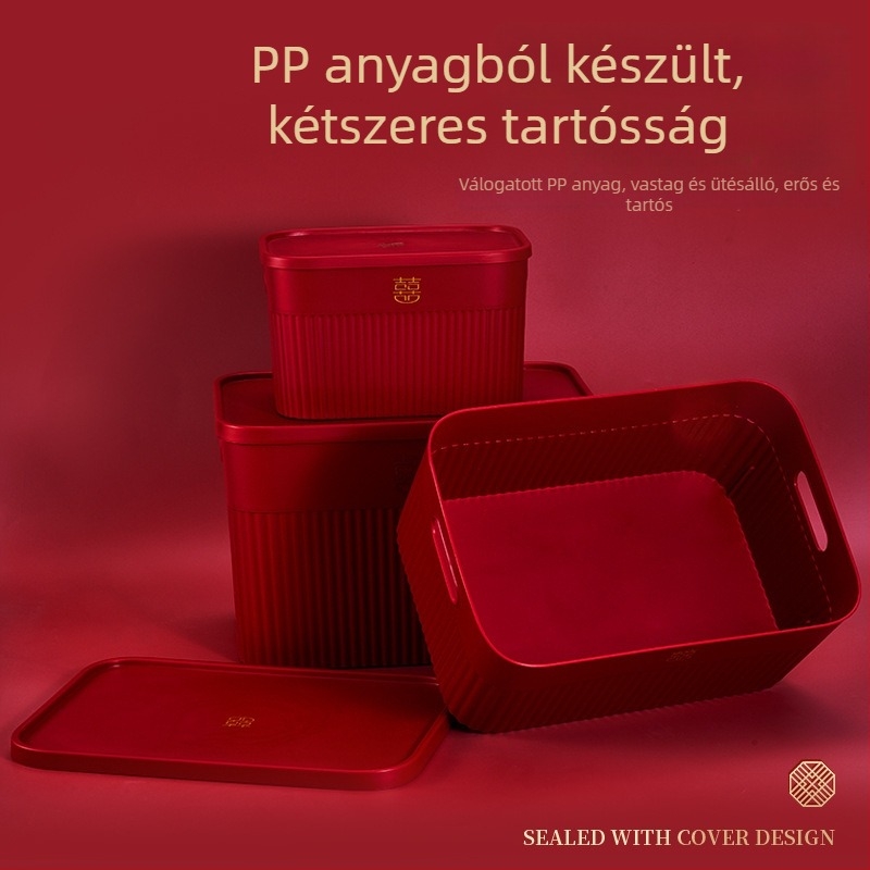 Piros fedelű tároló doboz esküvői kellékekhez, ruhákhoz és kiegészítőkhöz