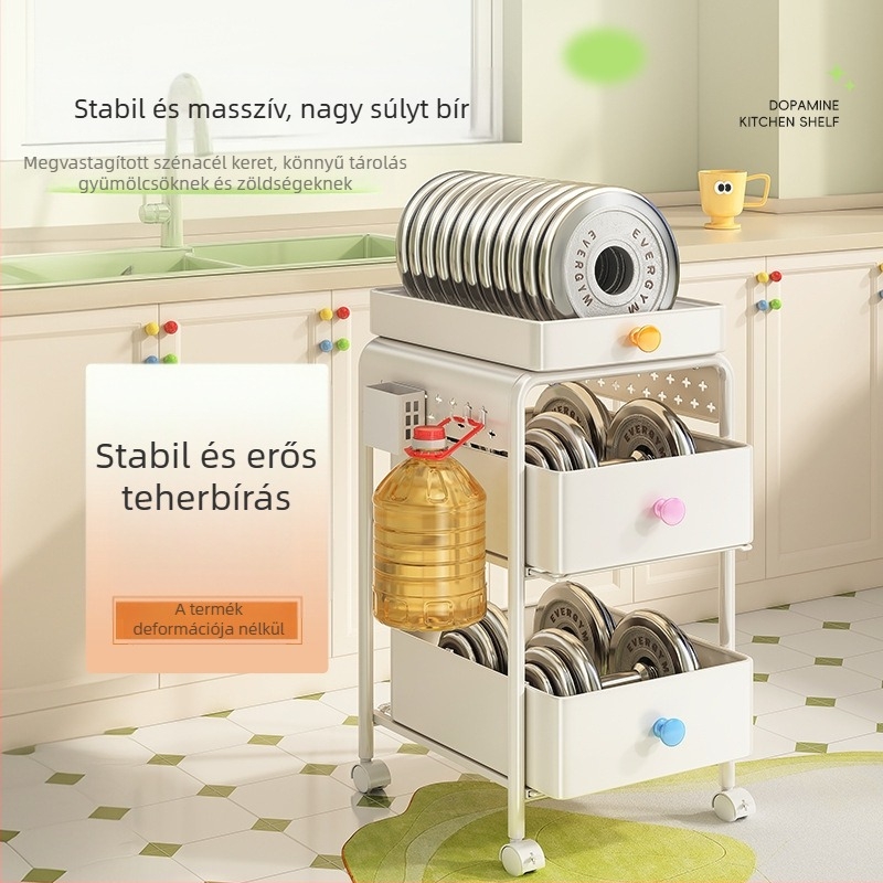 Többemeletes konyhai kocsi zöldségek és gyümölcsök tárolására, mozgatható, kosár és kihúzható polc