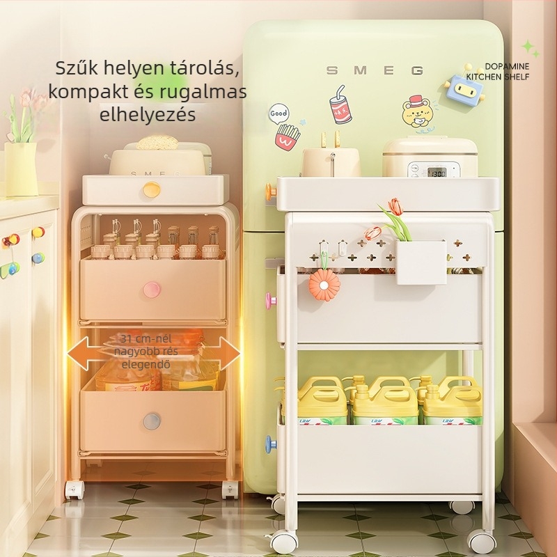 Többemeletes konyhai kocsi zöldségek és gyümölcsök tárolására, mozgatható, kosár és kihúzható polc