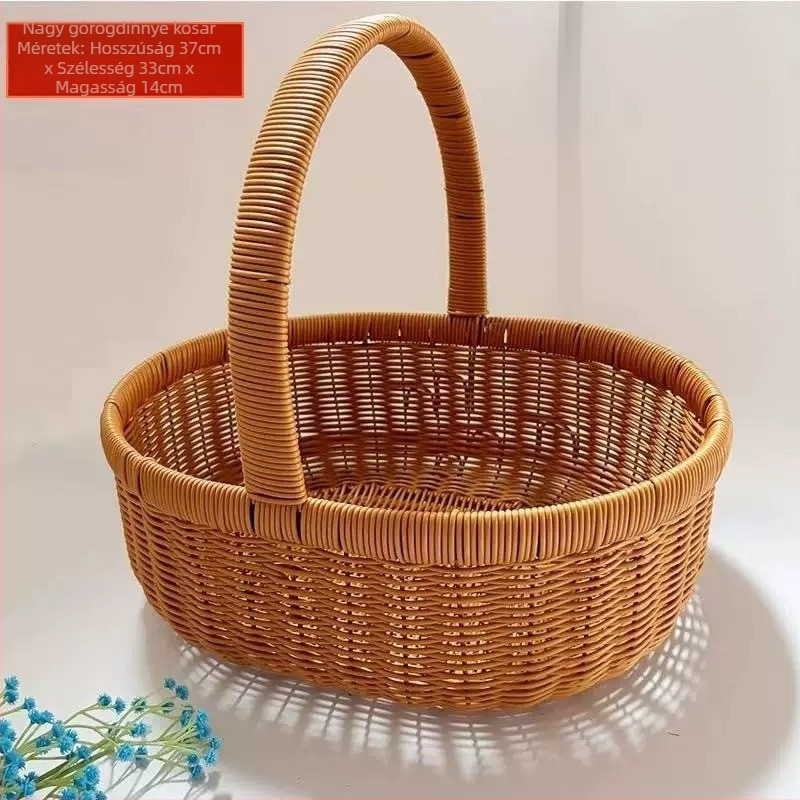 Rattan utánzatú piknikkosár, ingot alakú, fogantyúval, hordozható zöldségkosár, kültéri gombaszedő kosár