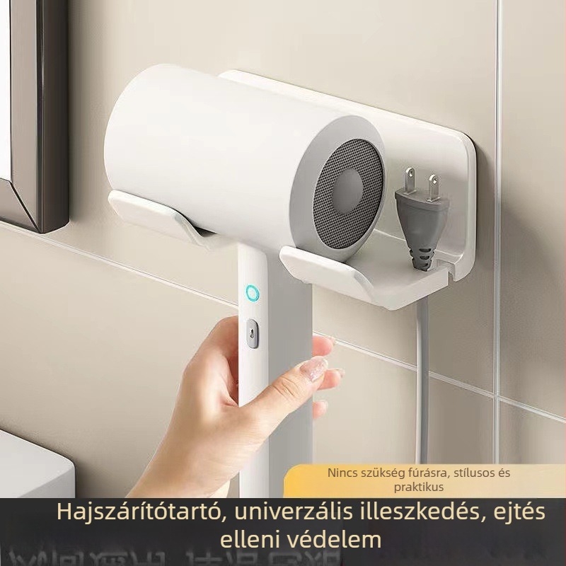 Fürdőszobai hajszárító tartó, falra szerelhető tárolópolc fúrás nélkül