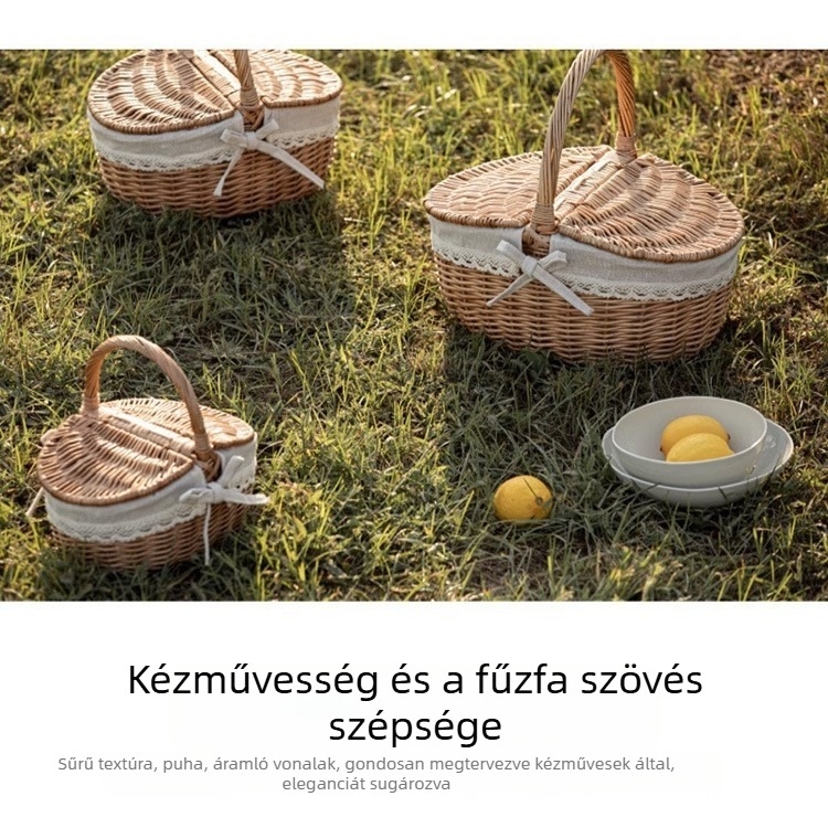 Fűzvesszőből készült fonott kosár, kézi fogantyúval, tojás- és gyümölcskosár, ajándék fonott kosár, piknikkosár, nasik tárolására szolgáló kosár fedővel