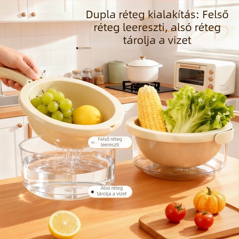 Két szintes leeresztő kosár, élelmiszer-minőségű, gabonafélék és gyümölcsök számára, mosáshoz és tároláshoz a konyhában