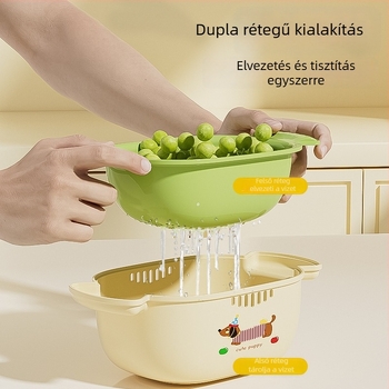 Kétszintes leeresztő kosár, kék, rajzfilmszerű gyümölcs minta, multifunkcionális PP kosár (vastagított)