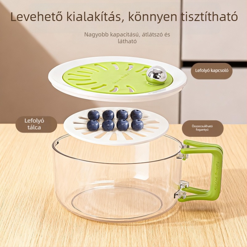 Kétszintes leeresztő kosár otthoni használatra, nagy kapacitású gyümölcs- és zöldségmosó kosár fedővel
