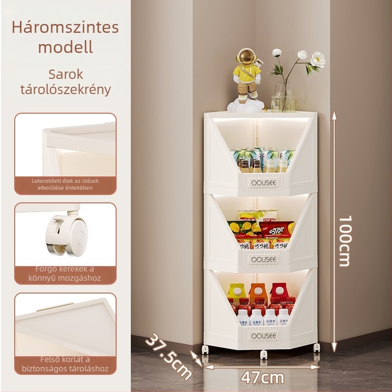 Sarok tároló szekrény, háromszög alakú, nagy kapacitású, nyitott kivitel, hálószoba és nappali számára