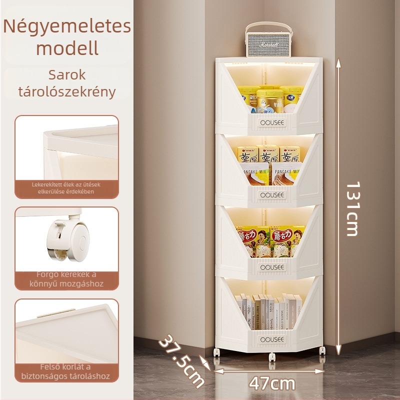 Sarok tároló szekrény, háromszög alakú, nagy kapacitású, nyitott kivitel, hálószoba és nappali számára