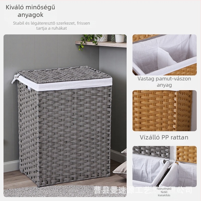 Kézzel szőtt rattan ruháskosár fedéllel, összecsukható, kerékekkel