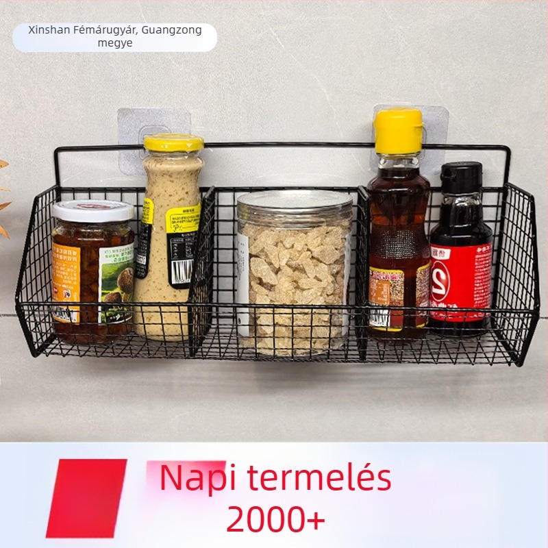 Fali szerelhető konyhai tárolóállvány leeresztő kosárral hagyma, gyömbér és fokhagyma számára