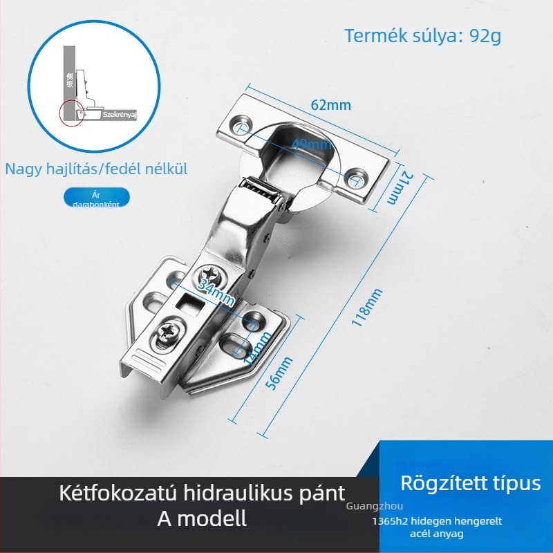 Kétfokozatú hidraulikus csillapító pánt gardrób- és szekrényajtókhoz, hidegen hengerelt acélból, nikkelezett felülettel