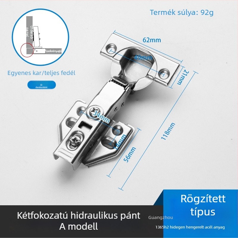 Kétfokozatú hidraulikus csillapító pánt gardrób- és szekrényajtókhoz, hidegen hengerelt acélból, nikkelezett felülettel