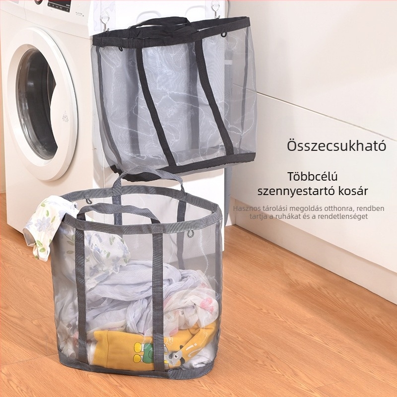 Nagy kapacitású háztartási szennyeskosár, hordozható és összecsukható, falra szerelhető, hálós kosár a fürdőszobába