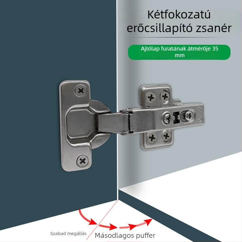 Fga Kétfokozatú csillapítóval ellátott szekrényajtó-pánt, 35 mm-es csésze, teljes fedés, beépített, hidegválcolt acél