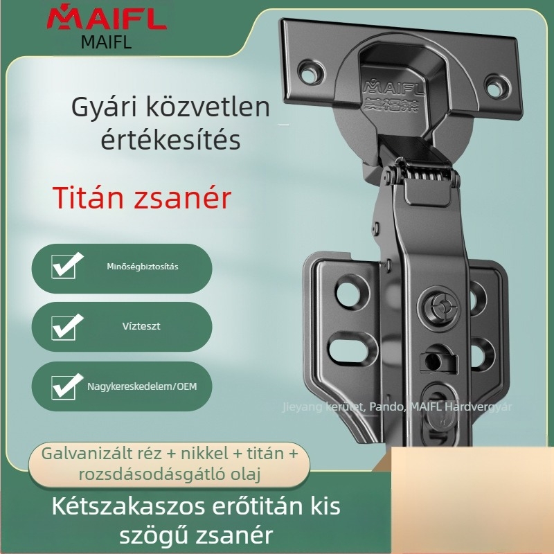 Titániumötvözetű kétlépcsős csillapító csukló rozsdamentes acélból, kis szögű, vízálló, szekrény- és ruhásszekrényajtókhoz, vastag és vékony ajtókhoz