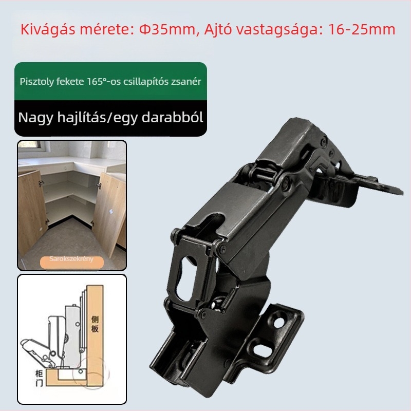 Gun Black 165° csillapító pánt sarokszekrényekhez, 175° íves és ferde ajtókhoz