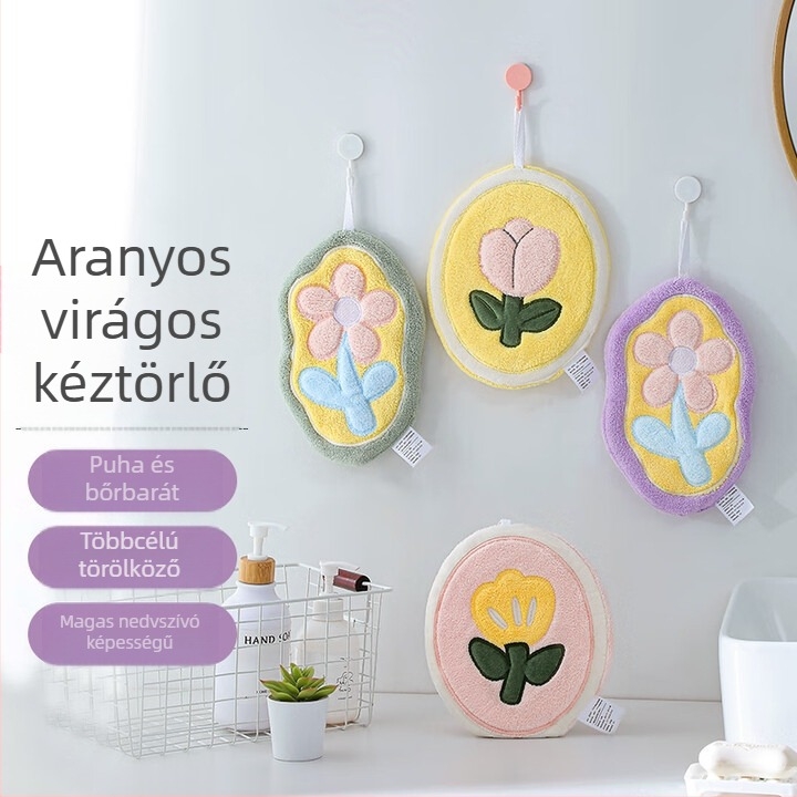 Aranyos konyhai kéztörlő tulipán mintával, rajzfilmszerű dizájn, nedvszívó, akasztóval, korall-flíz vastított