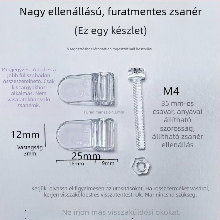 Átlátszó akril dempferentes pánt kis szekrényajtókhoz, összecsukható kivitel, állítható megállónyomatékkal
