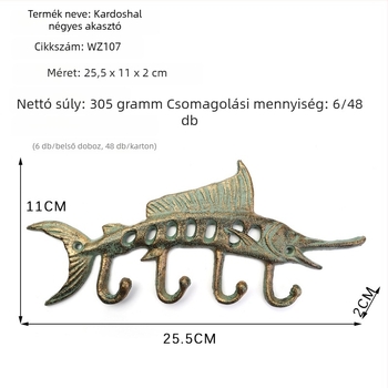 Tengeri stílusú öntöttvas falra szerelhető fogas, polip, teknős és kardhal motívumokkal – dupla fogas, aranyos dizájn