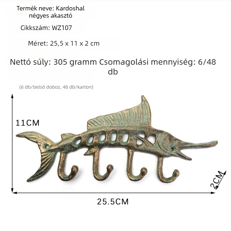 Tengeri stílusú öntöttvas falra szerelhető fogas, polip, teknős és kardhal motívumokkal – dupla fogas, aranyos dizájn