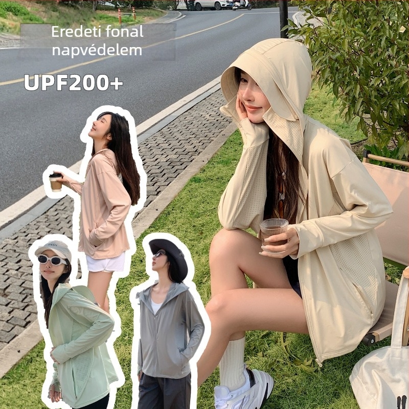 Kültéri nylon napvédő kabát, levehető széles szélű kapucnival és Ice Silk hűs érzet, kapucnis, uniszex, könnyű