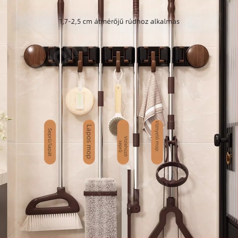 Vintage stílusú fa fürdőszobai mop- és seprűtartó, faanyagból, vákuumos csatlakozással, falra szerelve fúrás nélkül, 30 kg feletti teherbírás