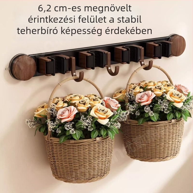 Vintage stílusú fa fürdőszobai mop- és seprűtartó, faanyagból, vákuumos csatlakozással, falra szerelve fúrás nélkül, 30 kg feletti teherbírás