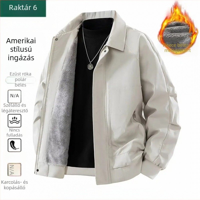 Férfi amerikai stílusú kabát, modern, fleece bélés, szélálló, cipzáros, téli viselet