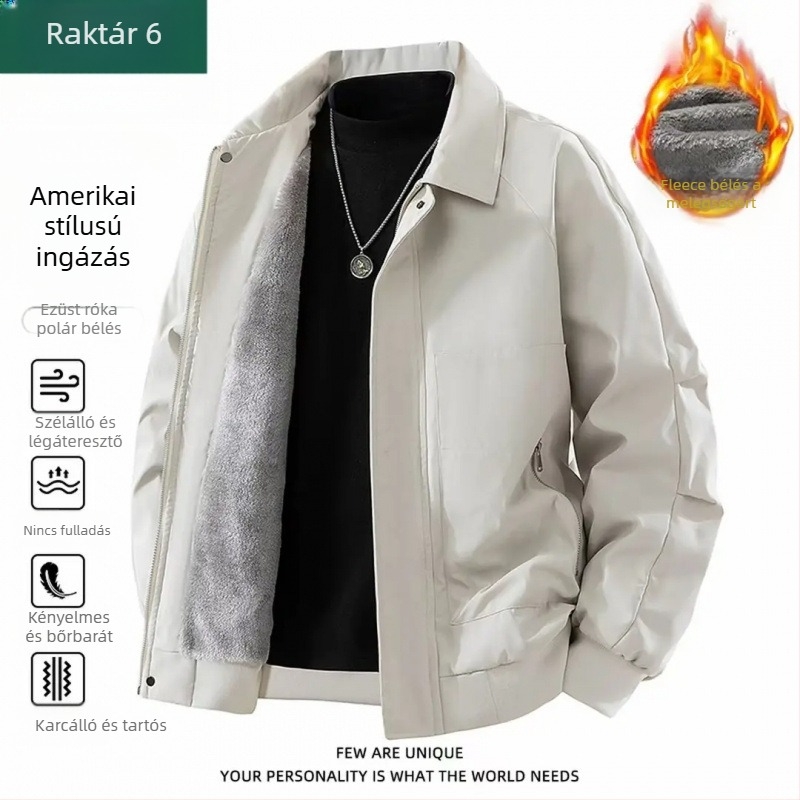 Férfi amerikai stílusú kabát, modern, fleece bélés, szélálló, cipzáros, téli viselet