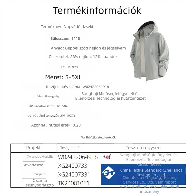 Uniszex antibakteriális UV-védelmet nyújtó nyári kabát kapucnival, lélegző, gyorsan száradó.