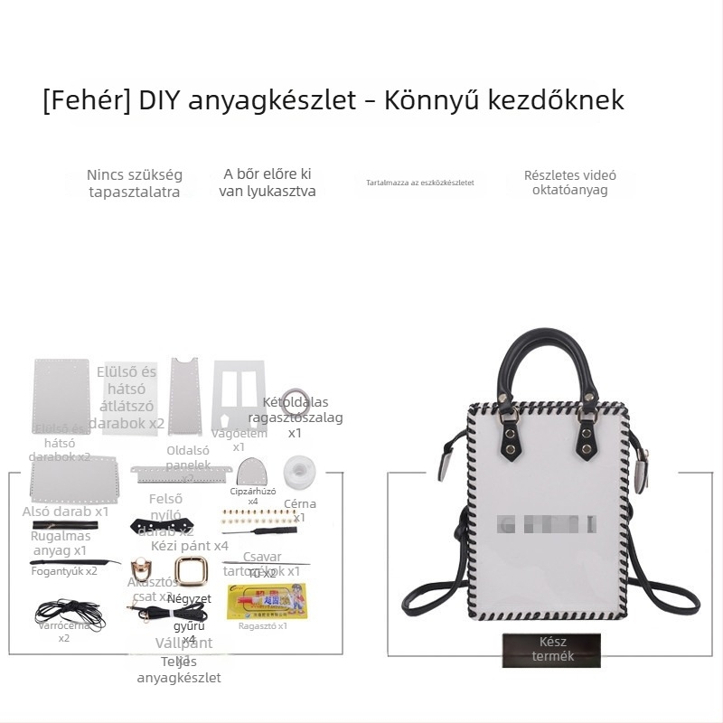 DIY készlet tote táskához — PU anyagú, kis méret, cipzárral, kézi varrással, vállon vagy keresztpántos stílus