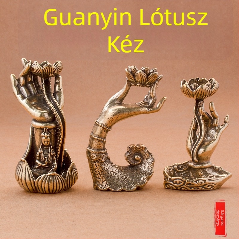 Tiszta sárgarézből készült Guanyin kézfigurával, lótuszlevéllel, füstölő tartóval és visszafolyó füsttel – otthoni és irodai dekorációhoz