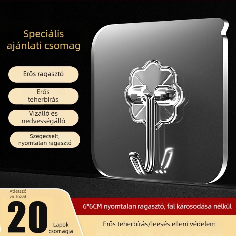 Fali akasztó ragasztóval, átlátszó vákuumos kampó ruháknak, teherbírás 15 kg-ig