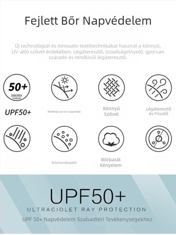 UPF50+ jégselyem hűs érzetű anyag, álló gallér, UV védelem, lélegző, könnyű kültéri dzseki, uniszex
