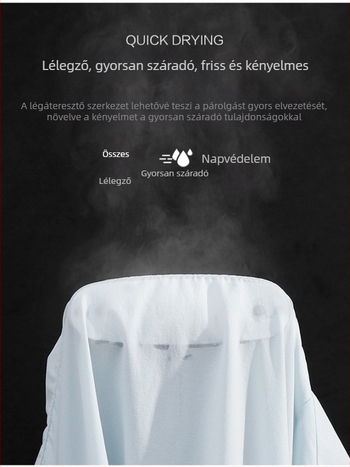 UPF50+ jégselyem hűs érzetű anyag, álló gallér, UV védelem, lélegző, könnyű kültéri dzseki, uniszex