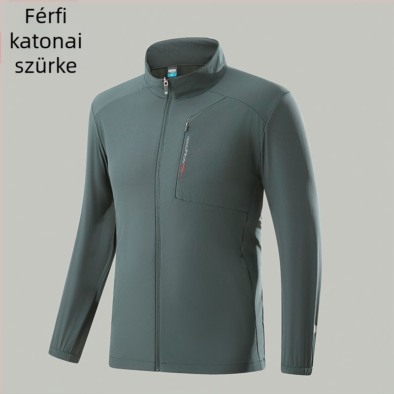 UPF50+ jégselyem hűs érzetű anyag, álló gallér, UV védelem, lélegző, könnyű kültéri dzseki, uniszex