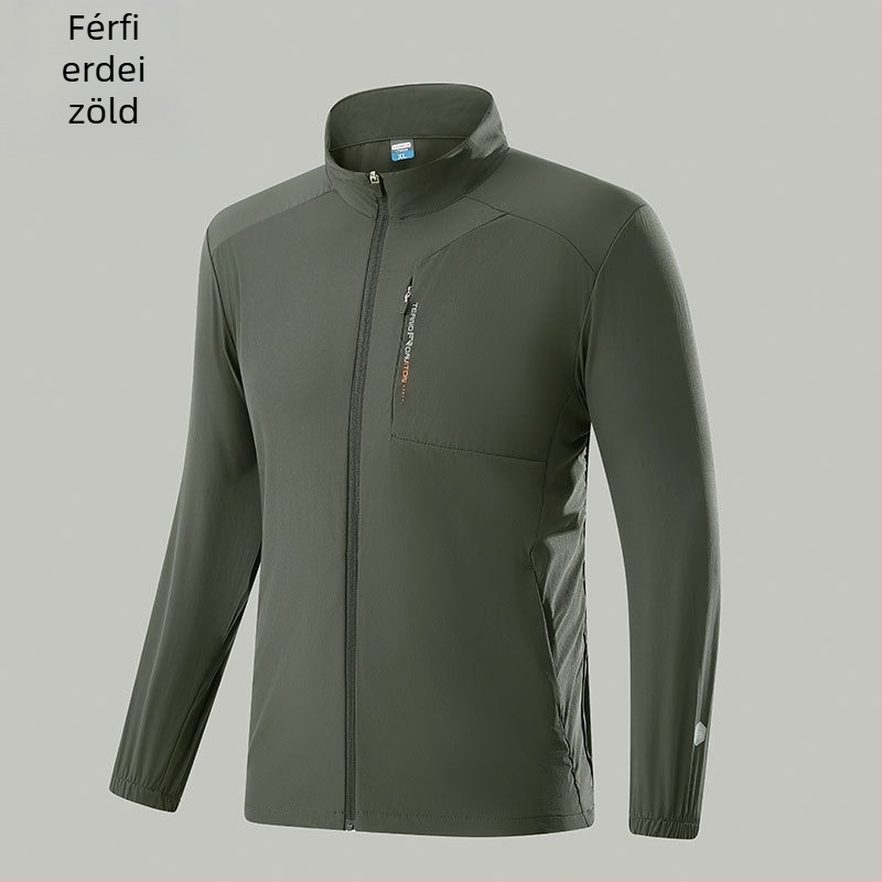 UPF50+ jégselyem hűs érzetű anyag, álló gallér, UV védelem, lélegző, könnyű kültéri dzseki, uniszex