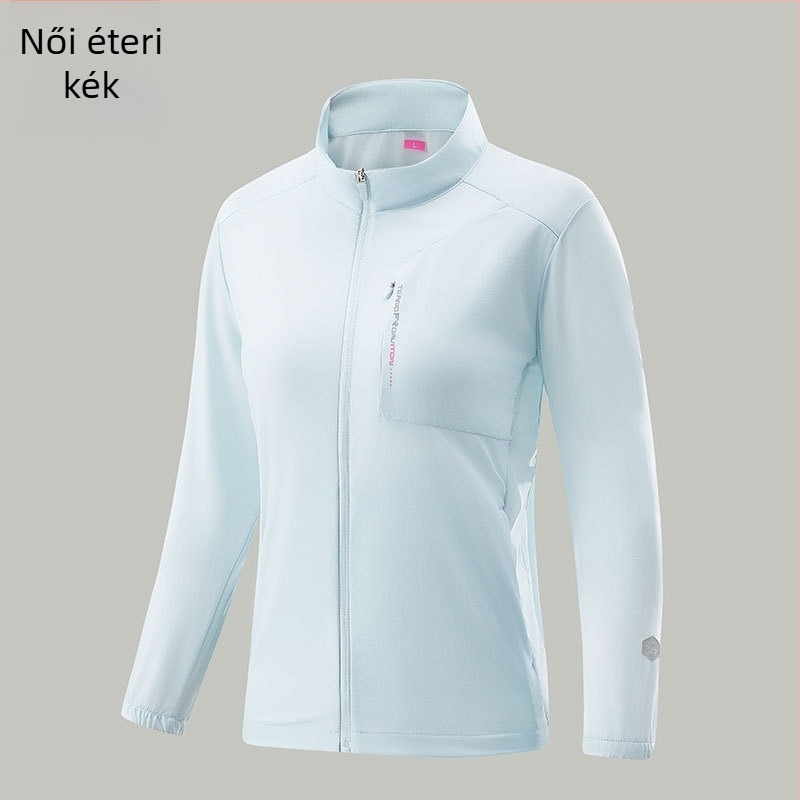 UPF50+ jégselyem hűs érzetű anyag, álló gallér, UV védelem, lélegző, könnyű kültéri dzseki, uniszex
