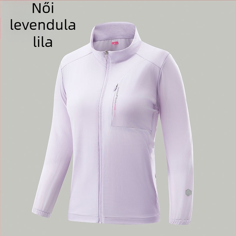 UPF50+ jégselyem hűs érzetű anyag, álló gallér, UV védelem, lélegző, könnyű kültéri dzseki, uniszex