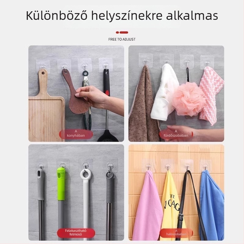 Átlátszó falikampó ragasztóval és szívócsészével, fúrás nélkül, 5–10 kg teherbírás, otthon és konyha