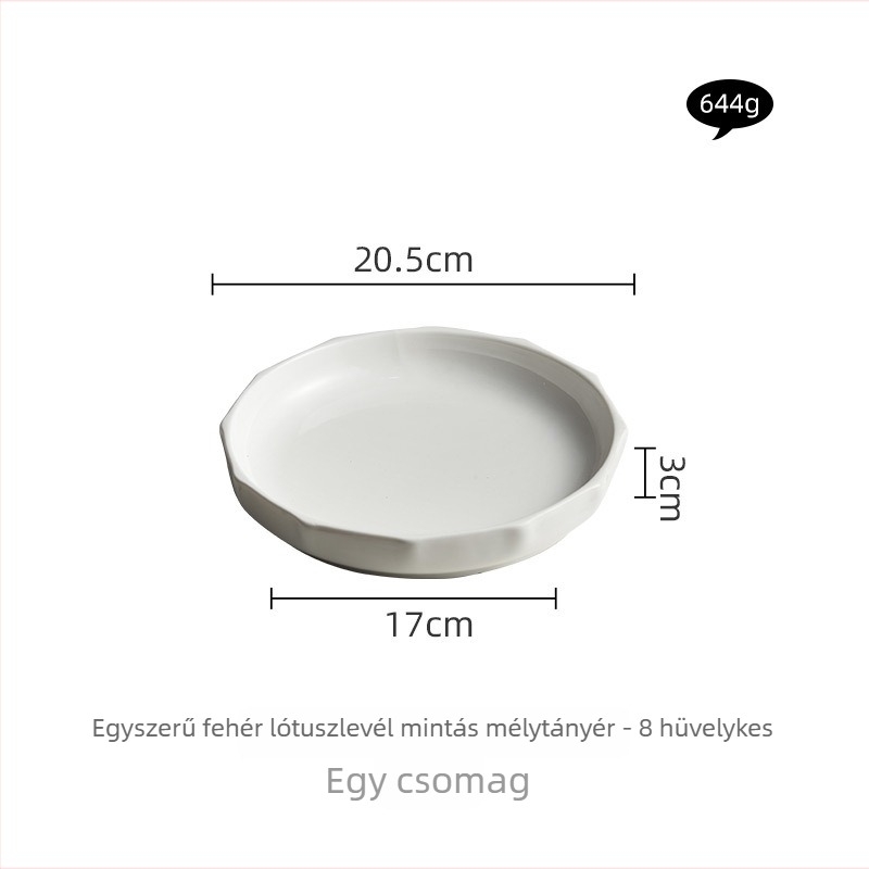 Lotuslevel mintázatú porcelán tányér, fehér, mélyebb levesestál, nagy méret nyugati tálaláshoz