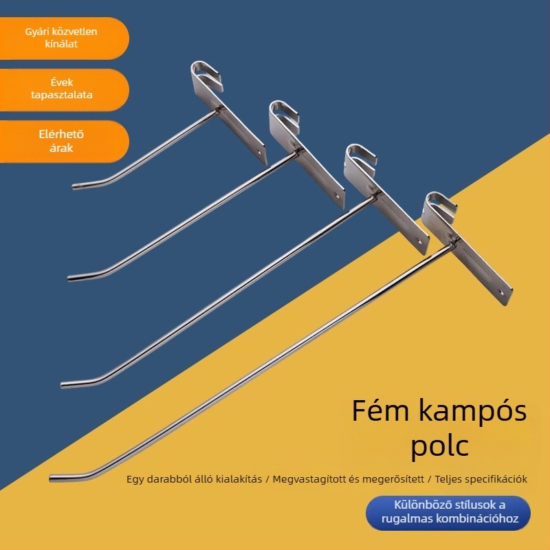 Perforált tábla vasból készült kampó – polcokra és kiállításokra, teherbírás 5–10 kg
