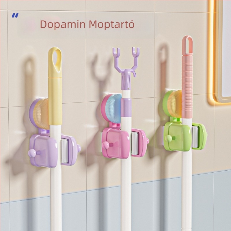 Szívócsésze mop tartó, falra szerelhető, fúrás nélkül, seprűakasztó és tároló rendező, dizájn színblokkokkal