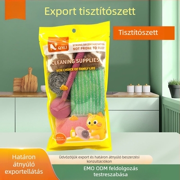 5 darabos konyhai tisztító készlet: tisztítókendő, szivacstömb, acélgyapot golyó, dörzsölő szivacs, fazekakhoz való kefével