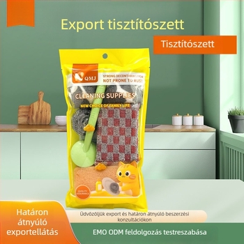 5 darabos konyhai tisztító készlet: tisztítókendő, szivacstömb, acélgyapot golyó, dörzsölő szivacs, fazekakhoz való kefével