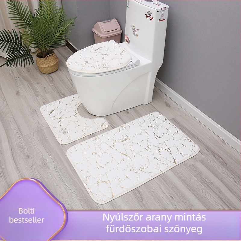 Aranyozott nyomtatású fürdőszobai szőnyeg, puha és nedvszívó, három darabos készlet WC-hez és a kád szélére