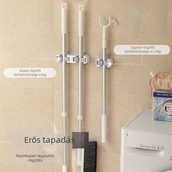 Kétkampós mop tartó falra – fúrás nélküli telepítés, fürdőszobai tároló ragasztóval