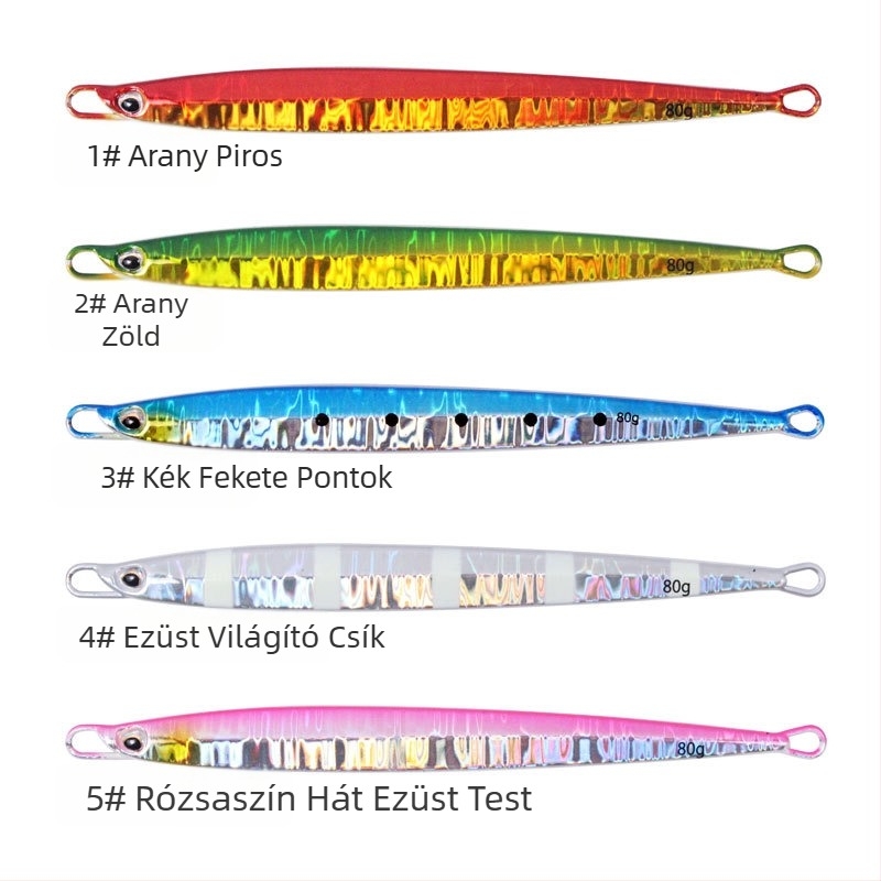 Mélytengeri horgászatra tervezett műcsali, 80–200 g, ólomból készült jig finom mintázatú fémlappával, hosszú dobás